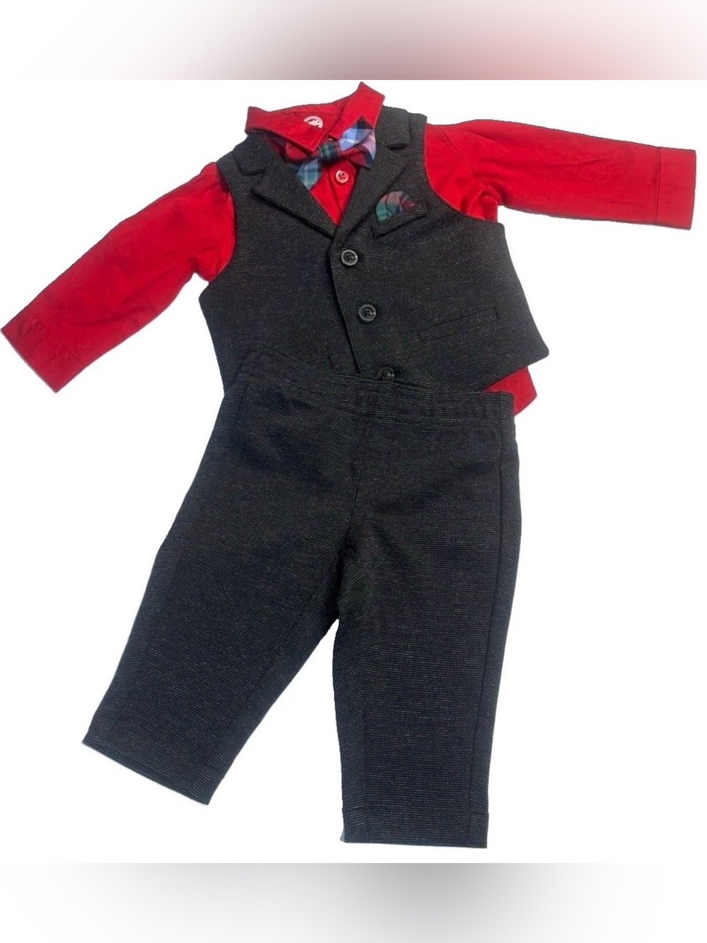 Wonder Nation Boys 3-6M 4PC Formal Set Red Gray Vest Pants Shirt Bow Tie NWOT